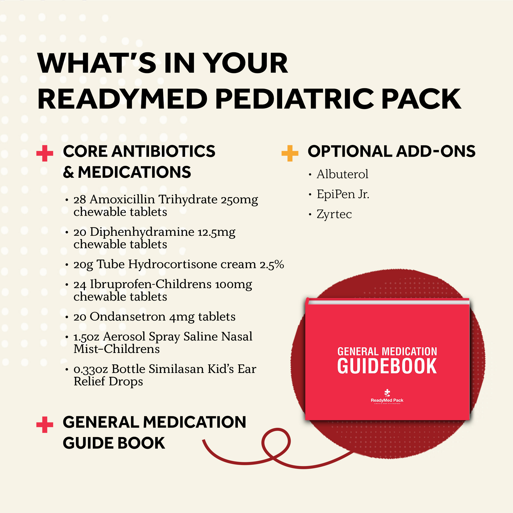 List of what's in the ReadyMed Pediatric Pack including optional add-ons and general medication guidebook